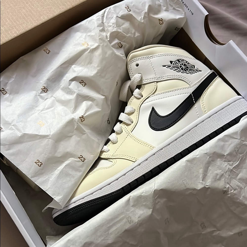 Nike Air Jordan 1 Mid Ivory and Black Shoes